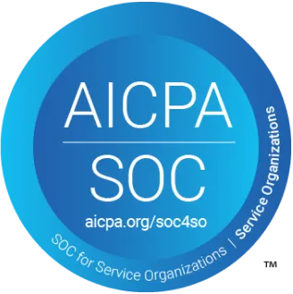 Blue circular badge with AICPA SOC text and website link aicpa.org/soc4so, indicating SOC for Service Organizations.